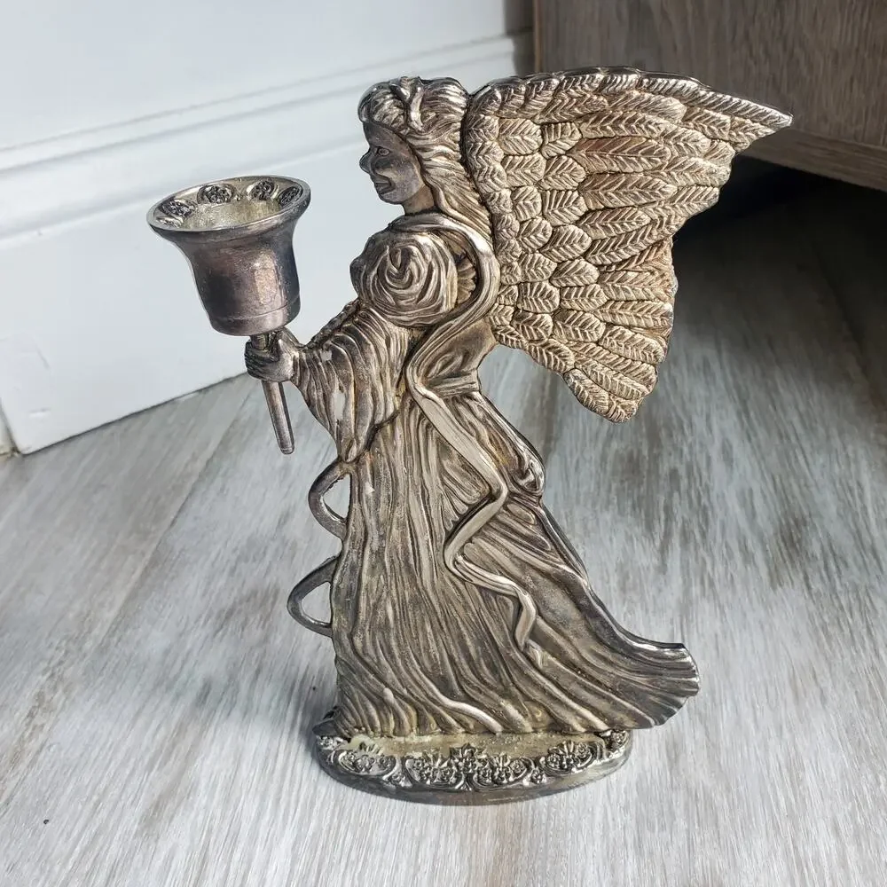 Vintage Brass Silver Angel Candlestick Holder 8